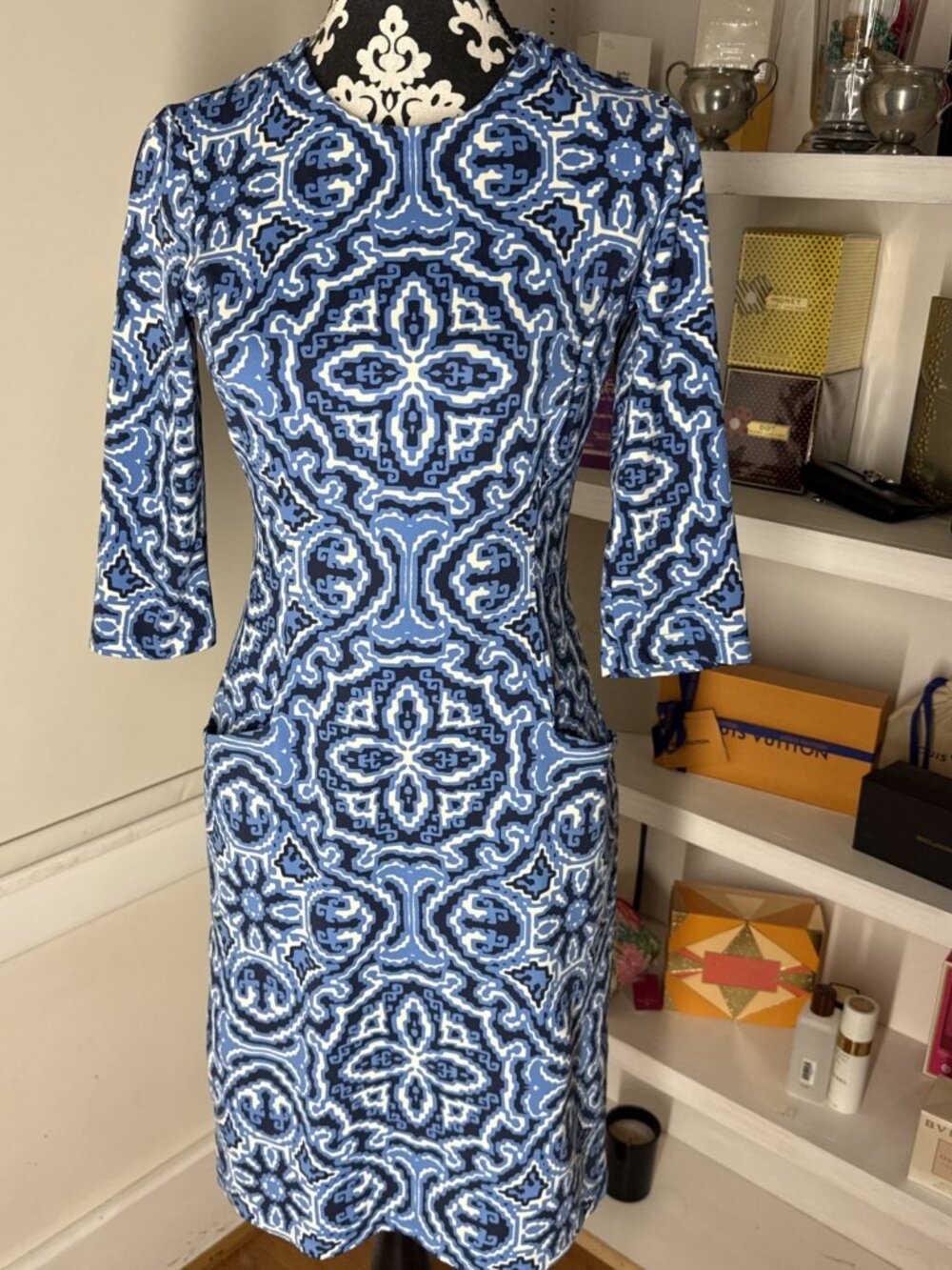 J. McLaughlin Women's Denim/Navy 3/4 Sleeve Catalyst Dress in Elba Paisley (XS)